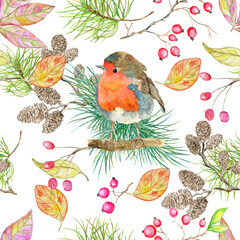 Christmas and New Year seamless pattern with winter bird, cone, berry and conifer on white background.