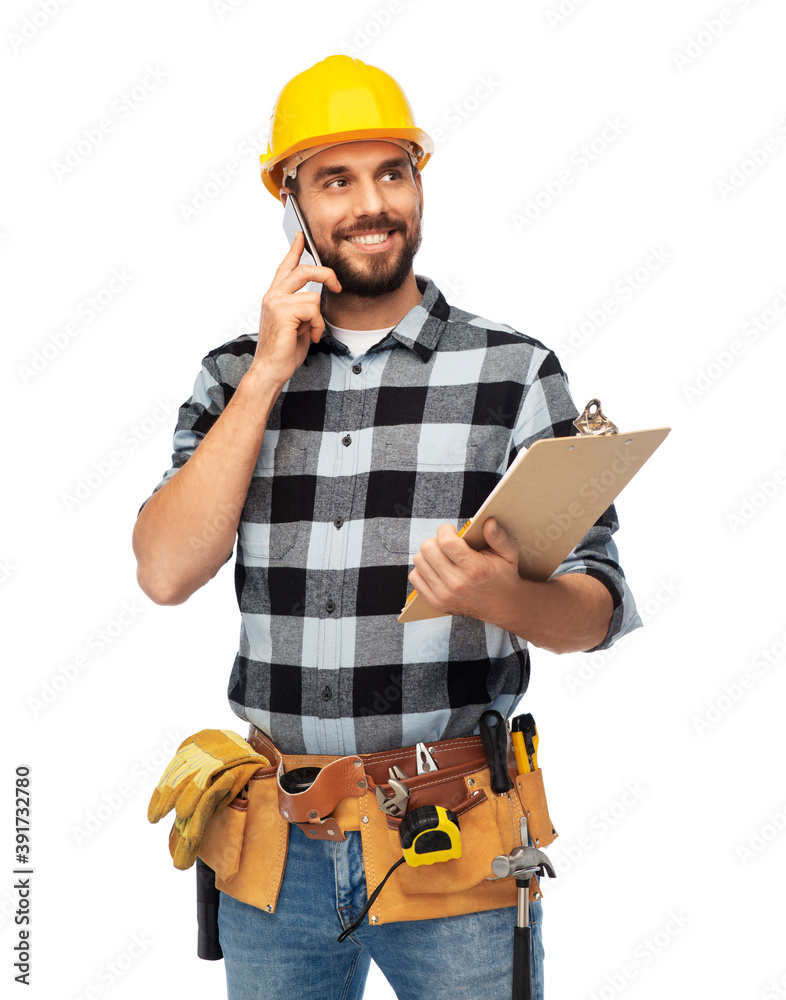 Wall mural profession, construction and building - happy smiling worker or builder with clipboard calling on smartphone over grey background