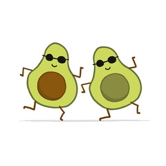 Funny Avocado Friends is dancing. Cartoon characters. Isolated on white