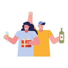 young couple celebrating with wine drink and gift