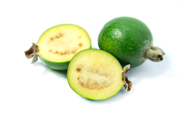 Feijoa fruits on white background. Tropical ripe feijoa fruits.