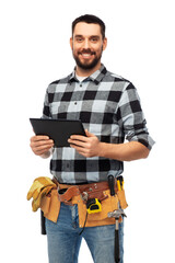 profession, construction and building - happy smiling worker or builder with tablet pc computer and...