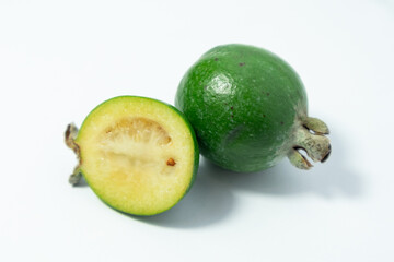 Feijoa fruits on white background. Tropical ripe feijoa fruits.