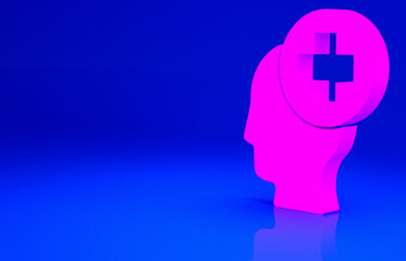 Pink Male head with hospital icon isolated on blue background. Head with mental health, healthcare and medical sign. Minimalism concept. 3d illustration 3D render.