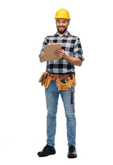 profession, construction and building - happy smiling male worker or builder in helmet with clipboard over white background
