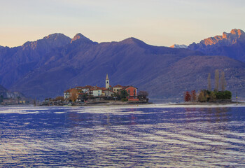 golden sunset light on winter afternoon, amazing view of famous Pescatori island.Lake Maggiore, Piedmont, Italian Lakes, Italy