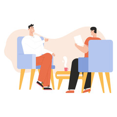 Journalist or blogger interviews man. Hiring manager on job interview