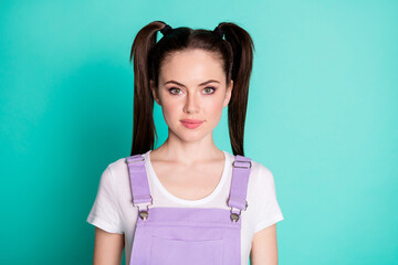 Photo portrait of sweet adorable young woman dressed casual outfit isolated teal color background