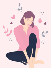 Obraz na płótnie Canvas Body positive, love yourself concept, smiling skinny girl hugging her knees sitting on the floor