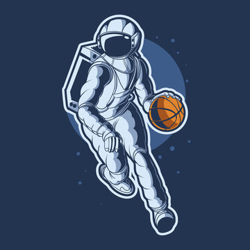 Astronaut Dribbling Basket Ball Vector Illustration Design