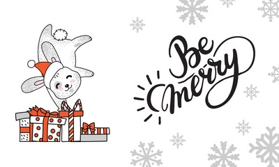 Horizontal vector Christmas card rabbit be merry