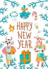Watercolor card with Christmas bulls with bells, candles and stars in blue,orange and red.New Year's greetings on an isolated white background.Design for packaging,social networks,posters,invitations.
