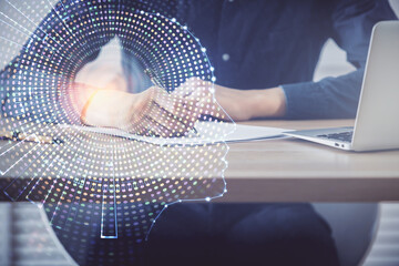 Brain multi exposure icon with man hands background.