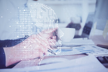 Brain multi exposure icon with man hands background.