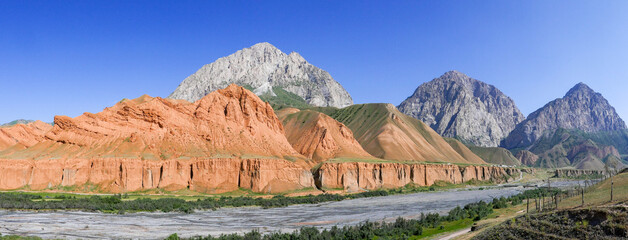 Colorful mountain landscape view in Gulcha river valley in the Alay or Alai range between Sary Tash and Osh, Kyrgyzstan