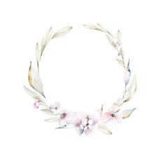 Hand drawing watercolor wreath of leaves and pink flowers. Iillustration perfect for greeting cards, posters, scrapbooking.