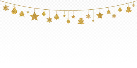 Gold garland in grunge style on a white transparent background. Element for festive winter design.
