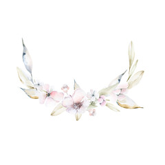 Hand drawing watercolor composition of pink flowers and  leaves. Iillustration perfect for greeting cards, posters, scrapbooking.