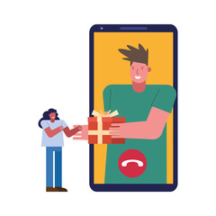 young couple celebrating with gift in smartphone