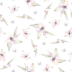 Hand drawing watercolor seamless pattern of pink flowers and leaves. Iillustration perfect for greeting cards, posters for St Valentine day, birthday.
