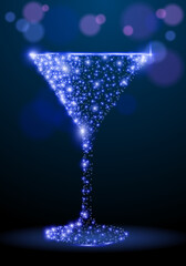 Sparkling particles in shape of martini cup isolated on dark blue backdrop with bokeh light spots