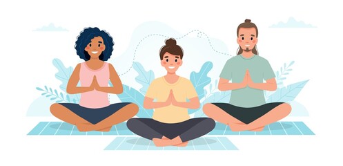 Yoga class. People practicing yoga together. Vector illustration in flat style