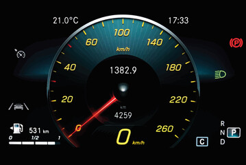 Vector illustration of car dashboard panel including speedometer with red needle, odometer, fuel gauge, lane assist icon and gear position indicator. Modern car digital LCD instrument cluster.