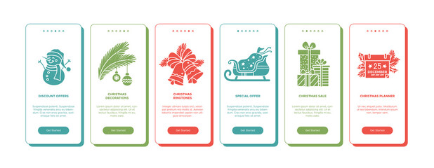 Naklejka premium Christmas onboarding vector template with color glyph icons. Mobile app page screens. Color flat concepts. New year illustrations. UI design. Christmas decorations, special offers, sale, planner