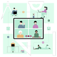 Vector flat illustration of e-learning, online education concept. Students with teacher stydying and learning in digital classroom on laptop computer screen.