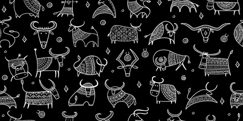 Funny bulls collection. Lunar horoscope sign. Happy new year 2021. Bull, ox, cow. Seamless pattern for your design