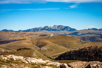 Lessinia Plateau (Altopiano della Lessinia) and the Carega Mountain, called the small Dolomites, view from the peak of Corno d'Aquilio, Verona province, Veneto, Italy, Europe.