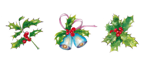 Naklejka premium Hand drawn watercolor set witn christmas elements