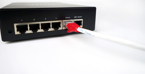 LAN network and internet connection, Ethernet RJ45 cable plug to lan port, modem router.