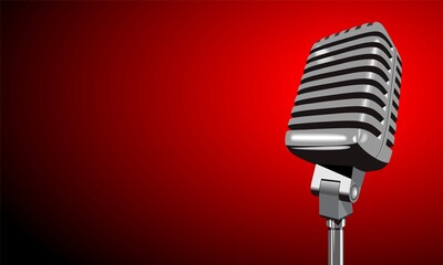 Vintage retro steel metal silver microphone isolated on dark red background. 3d realistic vector illustration
