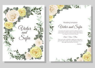 Vector template for wedding invitation. Beige and white roses, eucalyptus, leaves.