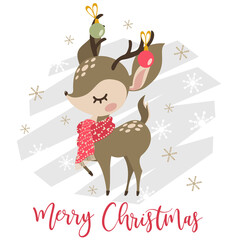 Vector New Year card. Cute deer, snowflakes.