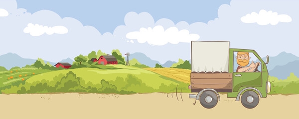 Fototapeta na wymiar Fresh vegetables delivery. Vector illustration, transportation of farm products, rural landscape with traditional american farm.