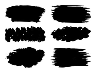 Vector collection or set of artistic black paint, ink or acrylic hand made creative brush stroke backgrounds isolated on white as grunge or grungy art, education abstract elements frame design