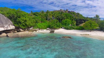 Aerial view of the beautiful coast of La Digue island, Seychelles