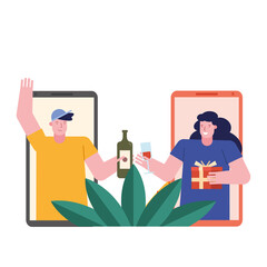 young couple celebrating with gift and wine in smartphone