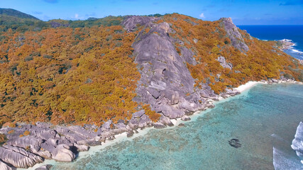 Fototapeta na wymiar Aerial view of the beautiful coast of La Digue island, Seychelles
