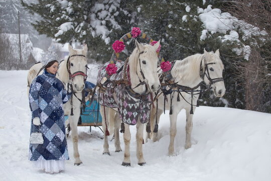 Russian Three Horse Sleigh (russian Three Horse Carriage, Russian Horse Drawn Coach). Russian Folk Style, Fashion. Bride Girl In Kokoshnik, Traditional National Dress, Russia. Snow Winter. Snow Maiden