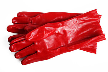 Red rubber gloves on a white background, isolate, top view.