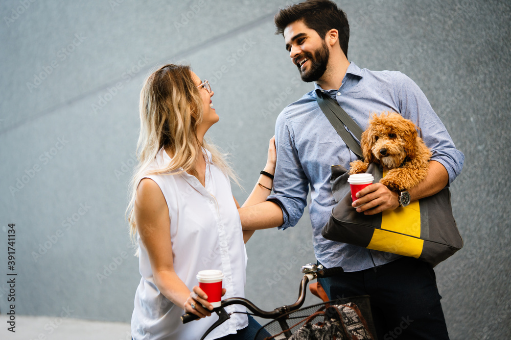 Wall mural bicycle, love, couple, relationship and dating concept. couple with bicycles in the city