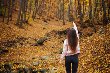 Back view of a young female in the autumn park