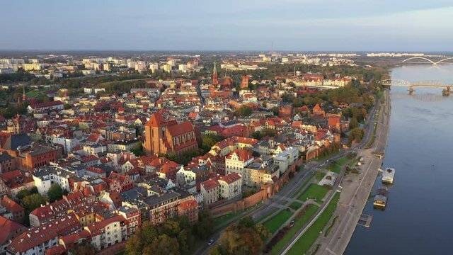 Torun old town during sunset Poland, aerial view