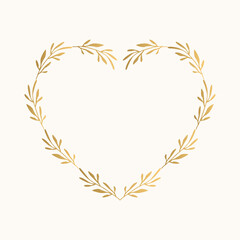 Floral golden heart. Wedding card template. Vector botanical illustration.