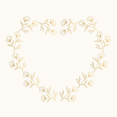 Floral golden borders. Heart wreath. Romantic decorative elements. Vector illustration.