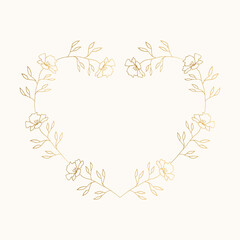 Summer heart wreath with flowers. Gold botanical frame. Vector isolated illustration.