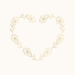 Golden wreath with flowers. Heart shape borders. Vector hand drawn illustration.